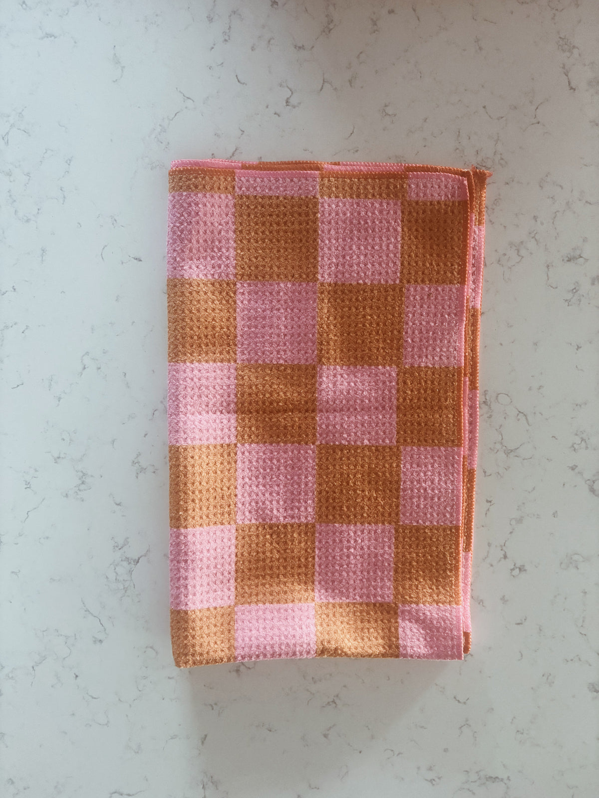 Kitchen tray bundle with a pink+orange checkered towel