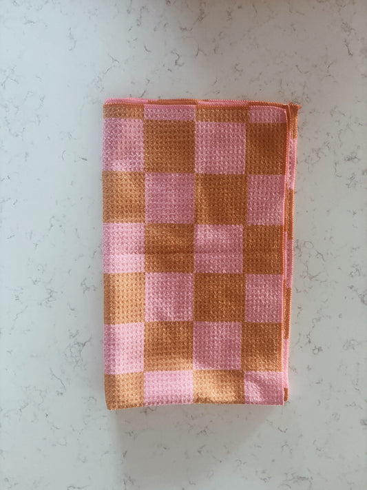 Pink + orange checkered kitchen towel
