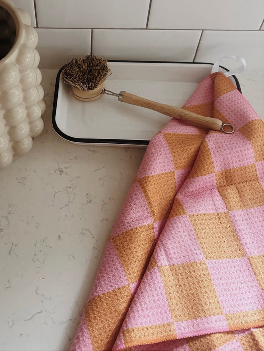Kitchen tray bundle with a pink+orange checkered towel